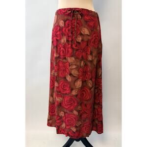 Vintage Y2K Midi‎ Skirt Boho Cottage Medium Red Roses Dark Romantic Fairy Grunge